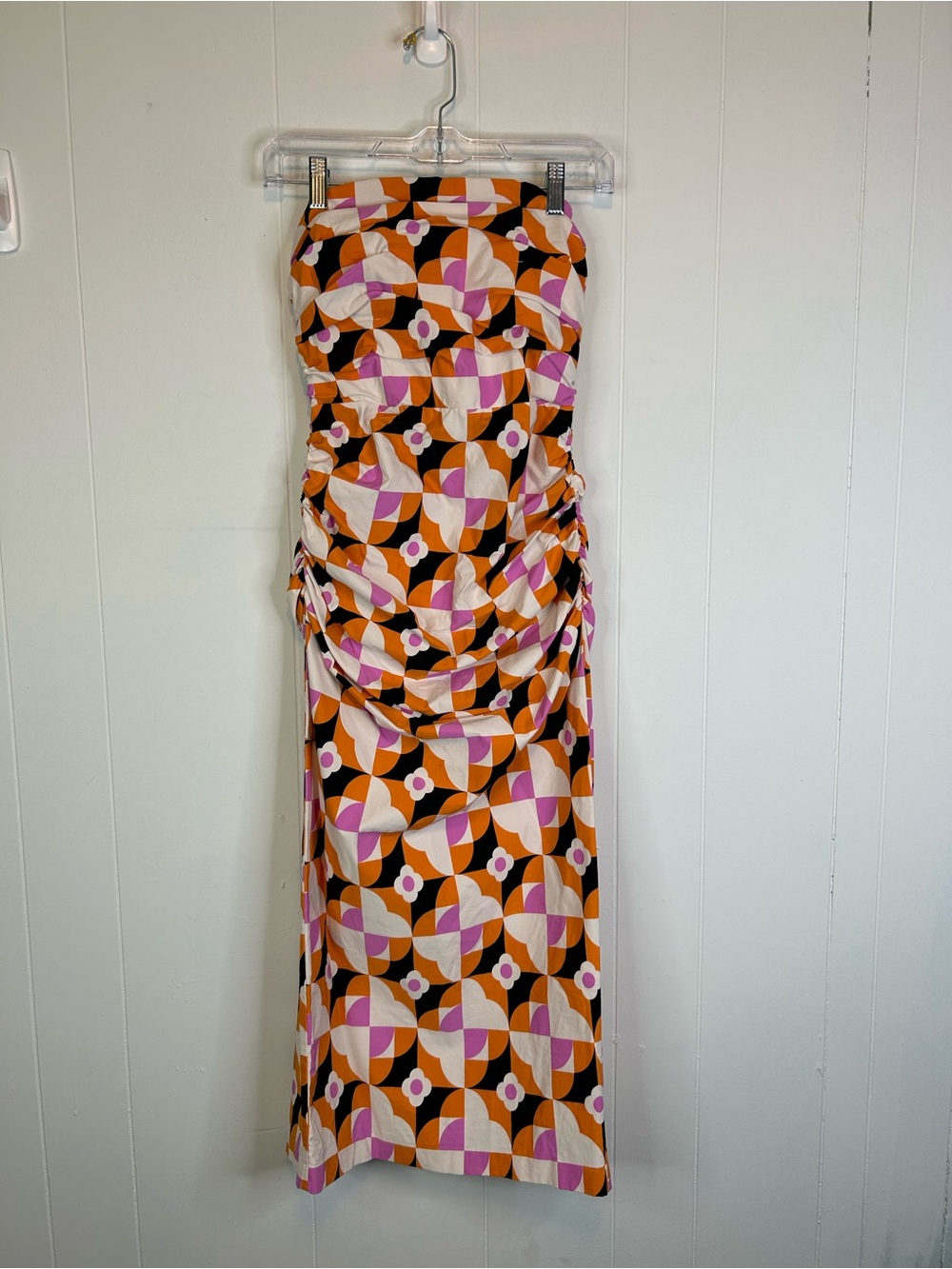 Anthropologie Strapless Ruched Floral Geometric Bodycon Midi Dress XS 339